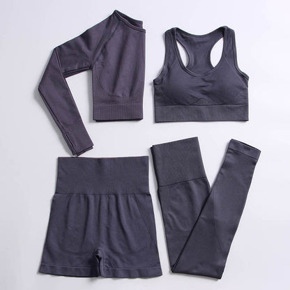 Seamless 4-Piece Yoga Set – High-Waist Leggings, Sports Bra, Shorts & Long-Sleeve Crop Top for Gym, Workout & Activewear