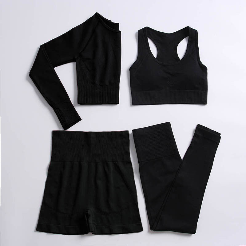 Seamless 4-Piece Yoga Set – High-Waist Leggings, Sports Bra, Shorts & Long-Sleeve Crop Top for Gym, Workout & Activewear