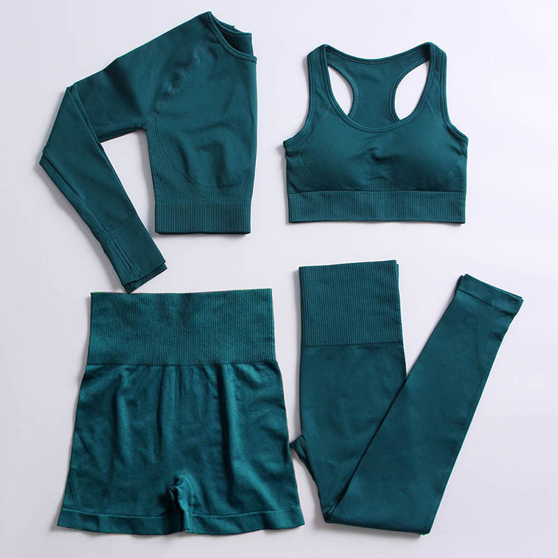 Seamless 4-Piece Yoga Set – High-Waist Leggings, Sports Bra, Shorts & Long-Sleeve Crop Top for Gym, Workout & Activewear