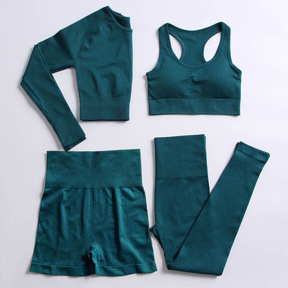 Seamless 4-Piece Yoga Set – High-Waist Leggings, Sports Bra, Shorts & Long-Sleeve Crop Top for Gym, Workout & Activewear