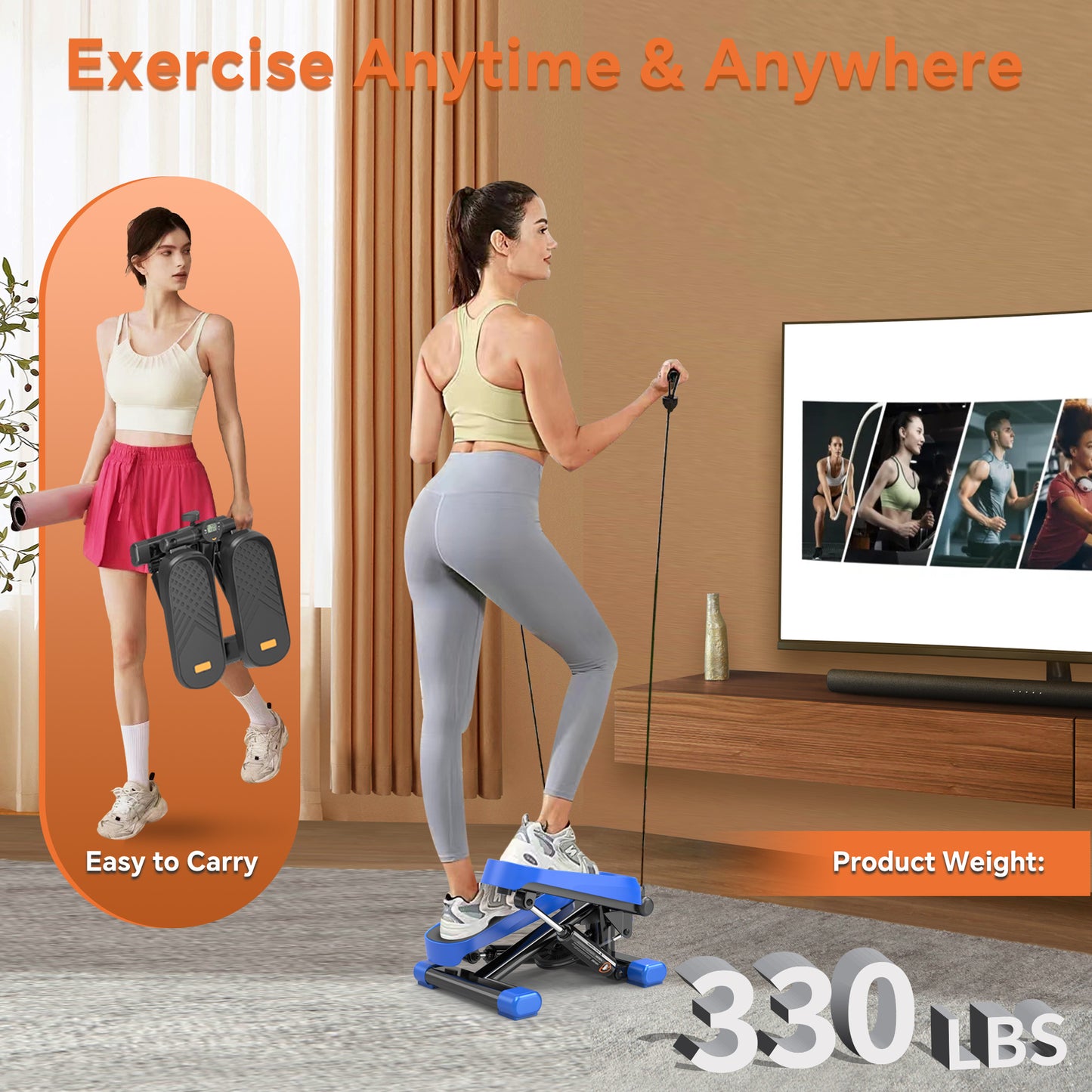 Mini Stepper with Resistance Bands & LCD Monitor – 330LBS Capacity, Home & Office Workout